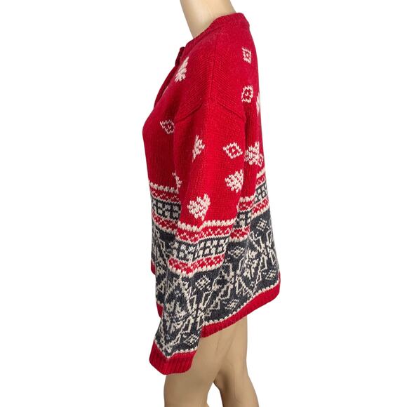 Eddie Bauer Fair Isle Nordic Ski Red Gray Wool Alpaca Cardigan SZ M - Picture 6 of 8